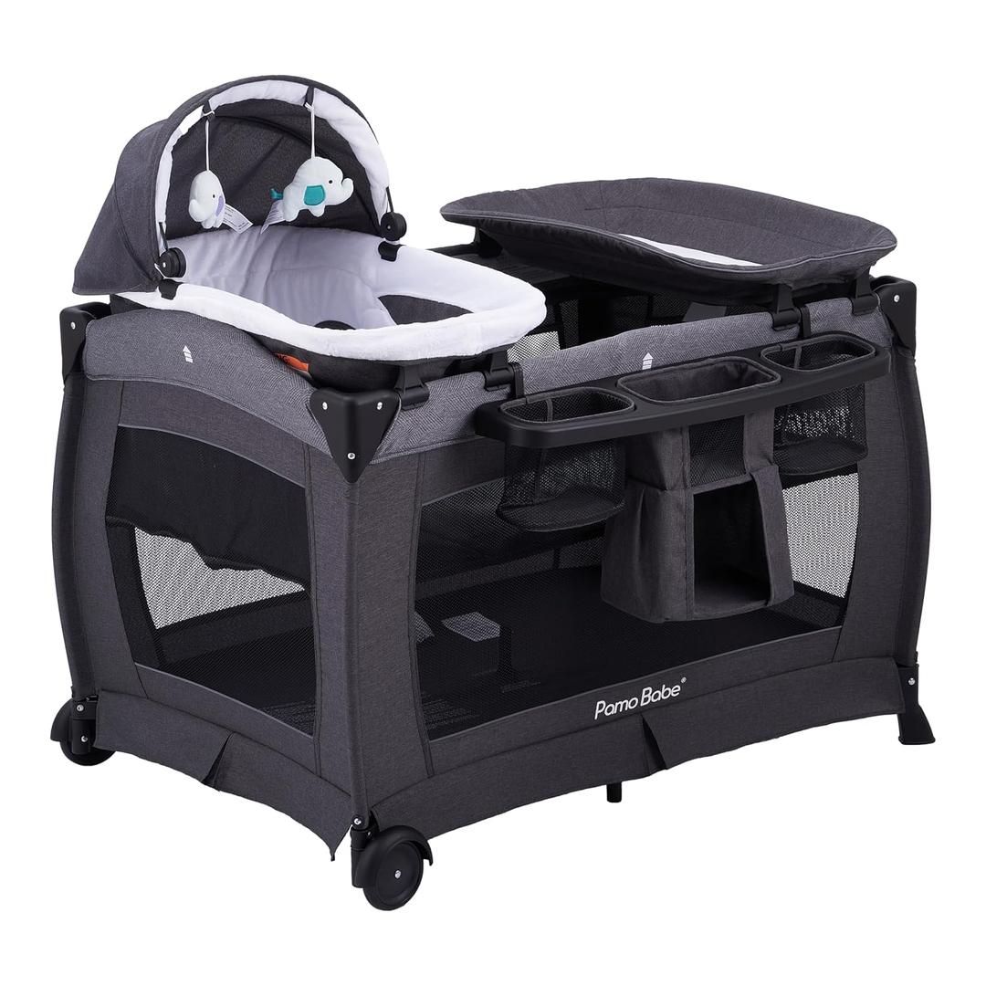 Pamo Babe Portable Playpen Foldable Playard for Baby and Toddler Mattress, Changing Table for Newborn Portable Playard (Black)