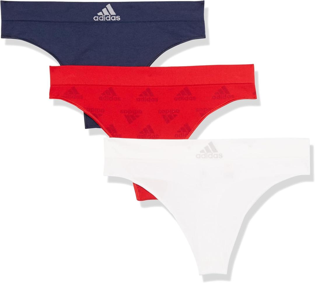 adidas womens Seamless Thong Underwear 3-pack (Medium, Vivid Red Logo/White/Night Indigo)