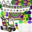 Mardi Party Float Decorations - 58 Pcs Banner Handheld Fan Flags Balloon Fringe Garland Crepe Paper Fans Pompoms Hanging Swirls Strips Feather Decor Set Carnival Supplies for Golf Cart