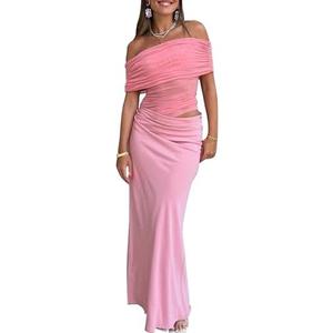 HOCILLE Women's Sexy Elegant Off Shoulder Long Formal Dress Mesh Bodycon Ruched Cocktail Party Maxi Dresses, L