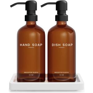 Amber Glass Hand and Dish Soap Dispenser Set by Brighter Barns - Kitchen Soap Dispenser Set with Tray for Kitchen, Airbnb, Vacation Rental or Restaurant - Modern Kitchen Decor & Accessories (Amber)