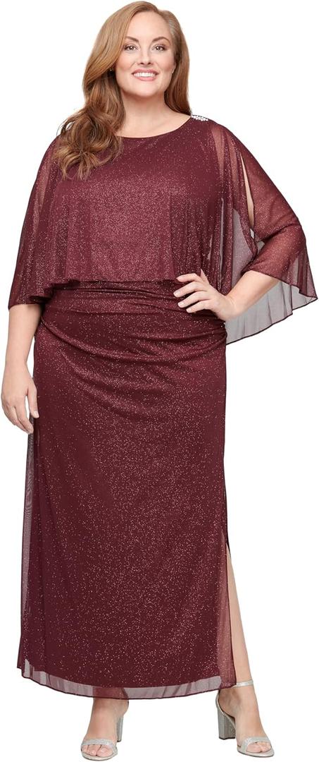 S.L. Fashions Women's Long Glitter Mesh Capelet Gown with Side Slit, Wedding Guest, Formal Dress (Plus Size) (Fig) Size 14W