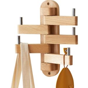 Oak Coat Hook Swivel Wall Rack, Foldable Arms 5, 12" Length Hat Hooks for Bedroom Office Kitchen, Heavy Duty (Natural)