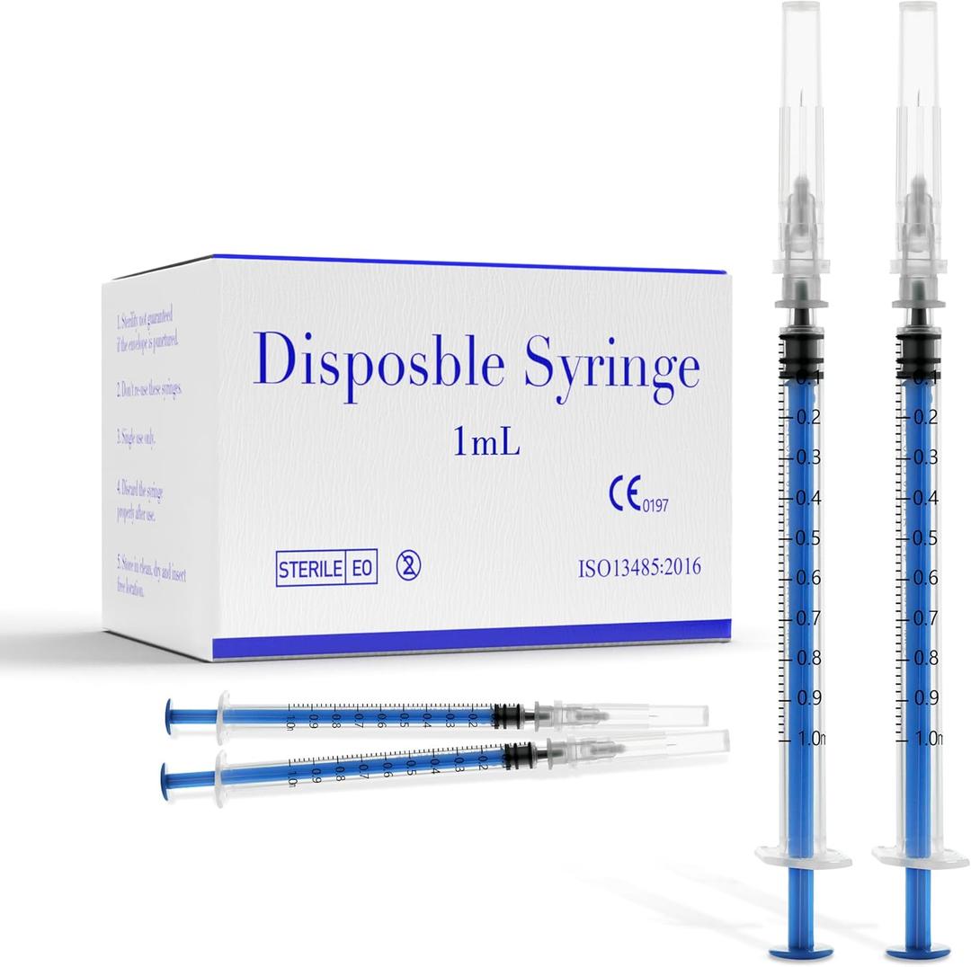 100 Pack 1ml Syringes with Needle, 27 G 0.5 Inch Needle Lab Disposable Individually Sealed Packed, Syringes for Industrial Scientific Labs, Liquids Measuring and Dispensing