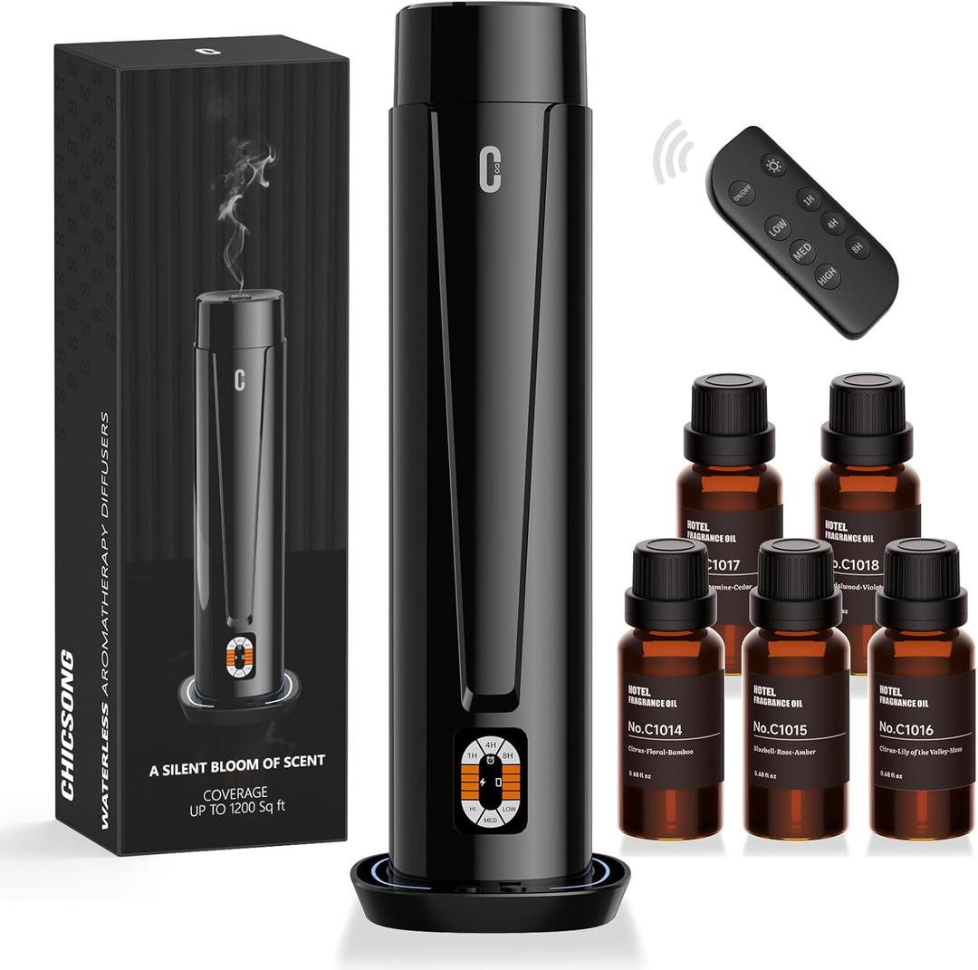 Waterless Scent Diffuser  1200 Sq Ft Coverage, Essential Oil Diffuser with Remote Control, Quiet Aromatherapy Diffuser with LED Light & Timer, Scent Air Machine for Home, Office, Hotel (Glossy Black)