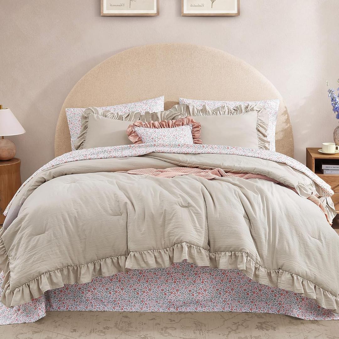 Queen Comforter Set - 7 Pieces Ruffle Beige Bedding Sets, Shabby Chic Farmhouse Bed in a Bag Queen with Ruffle Comforter, Floral Sheets, Pillowcases & Shams (Birch)