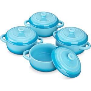 LOVECASA Mini Cocotte Set, 12 OZ Small Casserole Dishes with Lids, Soup Bowls With Handles, Individual Ramekins, Oven, Microwave & Dishwasher Safe, Set of 4, Blue
