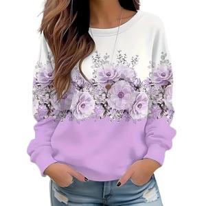 Euoehody Floral Printed Sweatshirt Womens Boho Flowers O-Neck Pullover Tops Garden Lovers Vaction Long Sleeve Shirts （X-Large,Purple