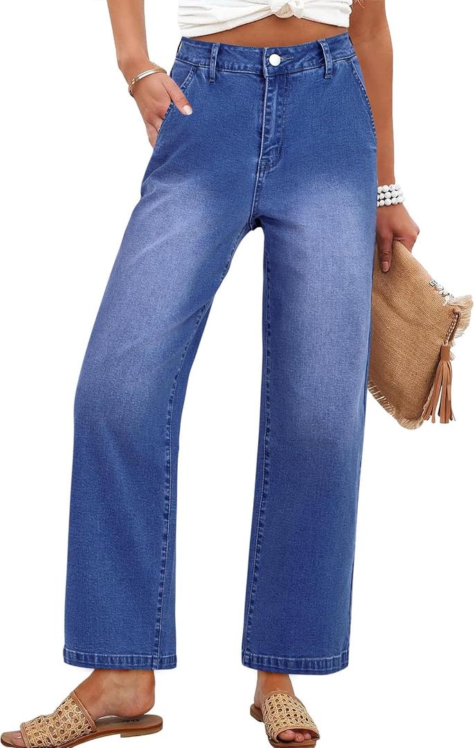 ANRABESS Womens Jeans High Waist Straight Leg Stretchy Ankle Length Denim Pants with Pockets Dark Blue Small (Blue, S)