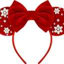 WOVOWOVO Christmas Mouse Ears Headbands for Women Velvet Mouse ear Headband Pearl Snowflakes Hair Accessories (Red)