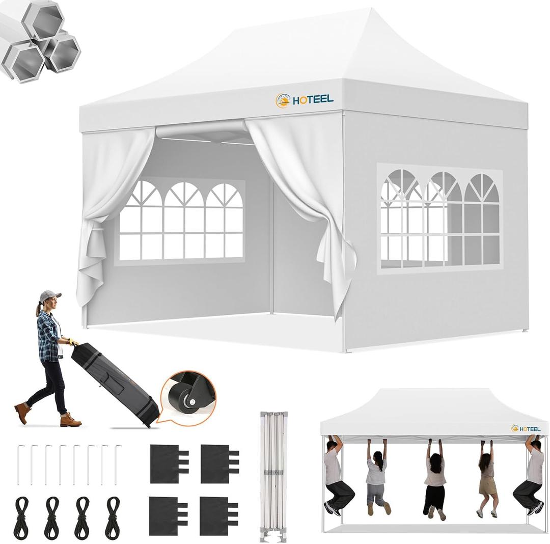 Hoteel 10x15 Pop Up Canopy Tent Heavy Duty with 4 Sidewalls, Waterproof Party Tent, Easy Set-up Commercial Instant Tents with Roller Bag & Sandbags, Hexagonal Leg