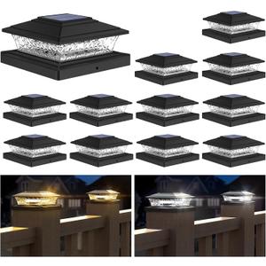 APONUO Solar Post Lights Outdoor, 2 Lighting Modes 16 LEDs Solar Post Cap Lights for 4x4 5x5 6x6 Vinyl Wooden Posts Waterproof Fence Post Lights Solar Powered for Deck/Fence/Porch (Black,12 Pack)