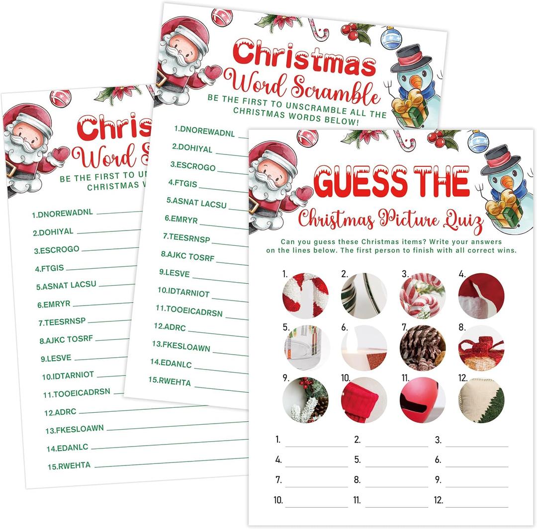 Christmas Games for Families, Christmas Party Games, Icebreaker, Word Scramble and Picture Quiz, Word Party Supplies for Adults, Xmas Winter Festival Unscramble Activity for 30 Players, 02