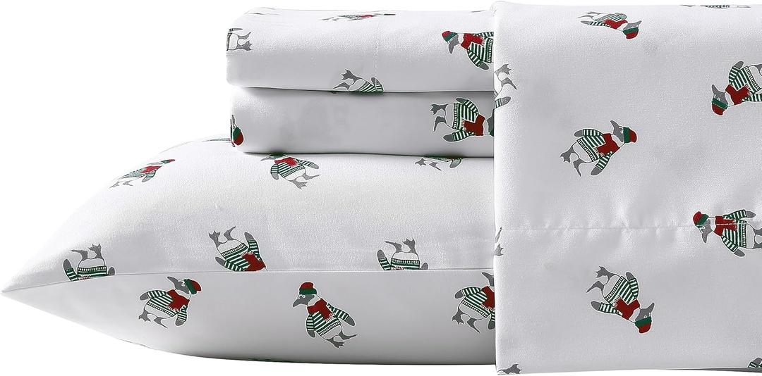 Nautica - King Sheet Set, Brushed Flannel Bedding Set, Soft & Cozy Room Essentials (Penguin Toss, King)