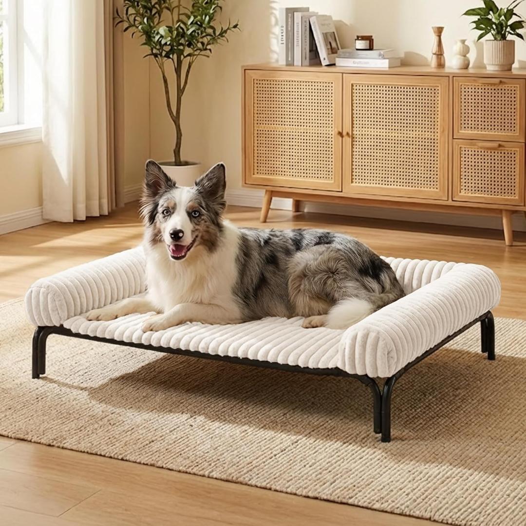 Elevated Dog Bed with Removable Fluffy Pillow Cushion, Raised Pet Cot Washable Bolster, Dog Couch Sofa, Anti Slip Feet, Breathable Mesh, Cream, 43"32"