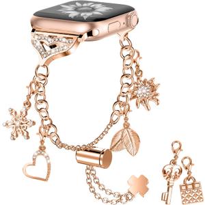 Bling Band Compatible with Apple Watch 49mm 45mm 44mm 42mm, Metal Jewelry Watch Strap for Ultra/Series SE 9 8 7 6 5 4 3 2 1 Interchangeable Charms Dressy Bracelet for Women (Rose Gold)
