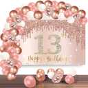 Happy 13th Birthday Banner Backdrop Decorations with Confetti Balloon Garland Arch, Rose Gold 13 Birthday Banner Balloon Set for Girls, Pink 13 Year Old Bday Poster Photo Booth Decor