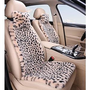 Fluffy Leopard Seat Covers for Cars Front Seat Covers Carseat Front Two Seat Protectors with 2 Neck Pillows for Truck SUV Auto-Beige Leopard Front-6 PCS