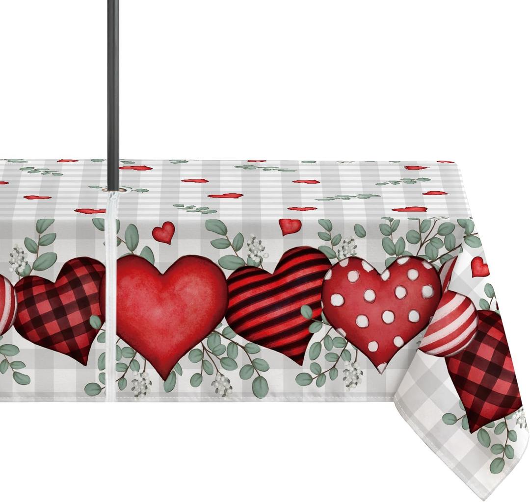 Horaldaily Valentine Outdoor Tablecloth 6084 Inch, Buffalo Plaid Love Hearts Eucalyptus Seasonal Table Cover with Zipper Umbrella Hole for Party Dinner Patio Garden Picnic BBQ (60" x 84" (Rectangular), Grey)