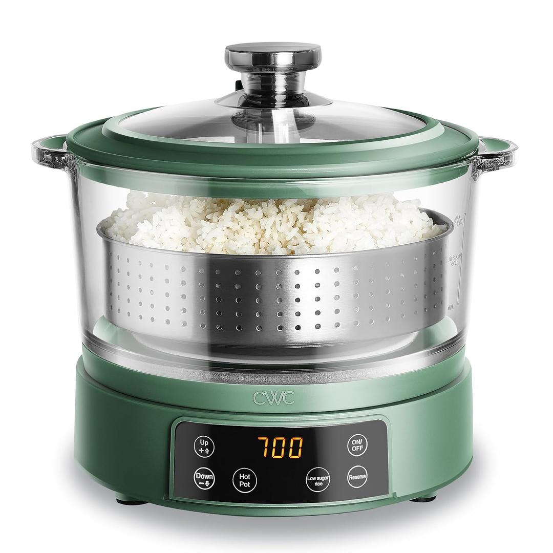 COOK WITH COLOR Glass Mini Low Carb Rice Cooker – Holds 2 Cups Raw/Makes 6 Cups Cooked with Auto Lift Filter Basket, Hotpot & Steamer for Rice, Grains, Digital Panel with Keep Warm, Dark Sage