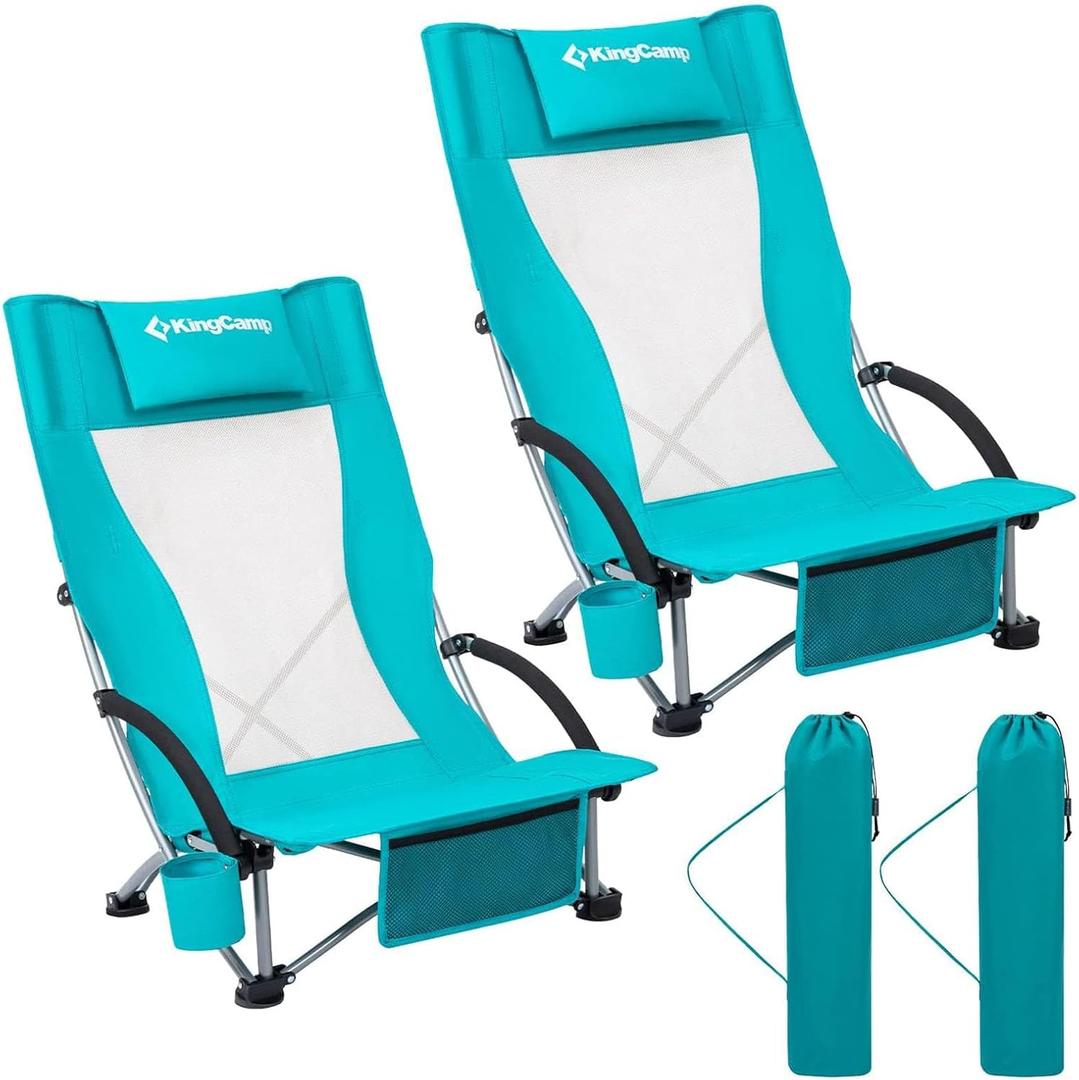 KingCamp Low Beach Chair, High Back Folding Camping Chair for Adults, Oversized Breathable Mesh Seat, 300lbs Heavy Duty Portable Chair with Cup Holder & Storage Pockets for Beach, Outdoor, Ergobreeze H Cyan 2pcs