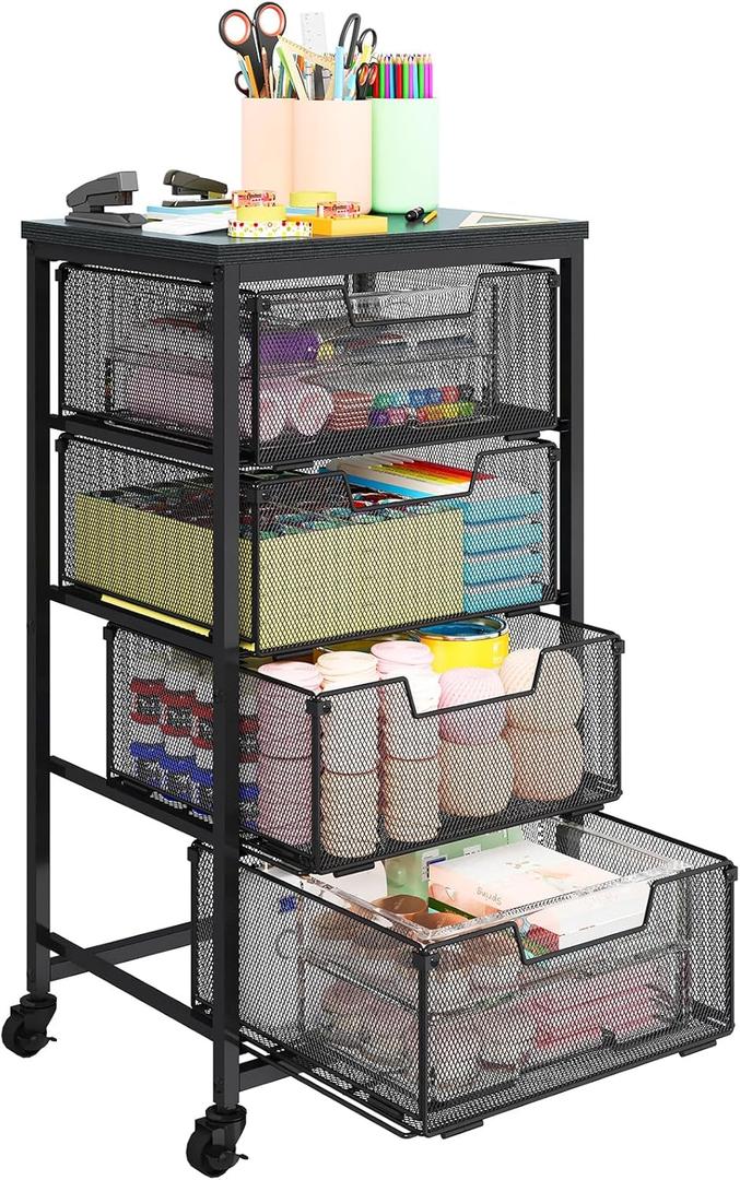 Metal Art and Craft Storage Organization Cart 4-Drawers Utility Rolling Carts With Lockable Wheels&Wooden Tabletop Art-Craft Supplies For Classroom,Office,Make-up,Kitchen,Bedroom,14"L x 11"W x 27.55"H