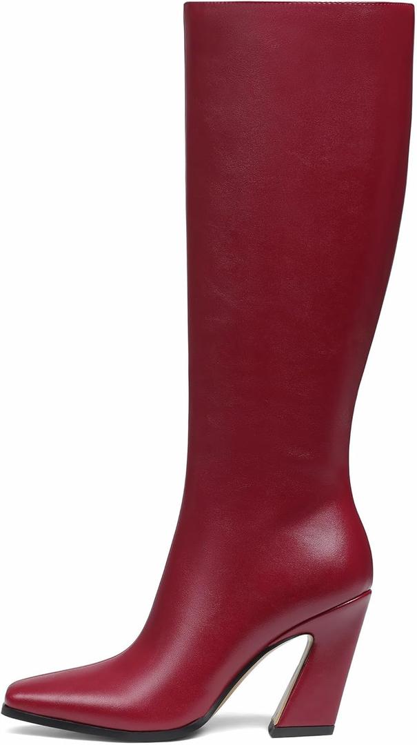 Celbreez Women's Knee High Boots Red Boots for Women Wide Calf Square Toe Chunky Heel Leather Boots Side Zip Long Tall Boots Fashion Party Dating Casual Shoes for 2025 Fall Winter, 8.5