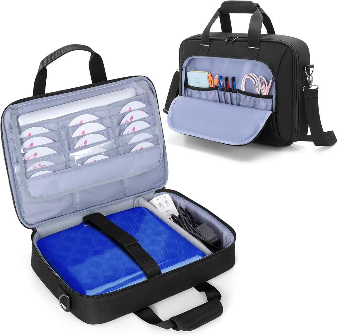Rexmica Travel Carrying Bag for 14.1-17.5 inch Portable DVD Player, Portable DVD Player Storage Case Bag with Laptop Sleeve, 15 DVD Storage Pockets, Front Accessory Pocket, Black (Patented Design)