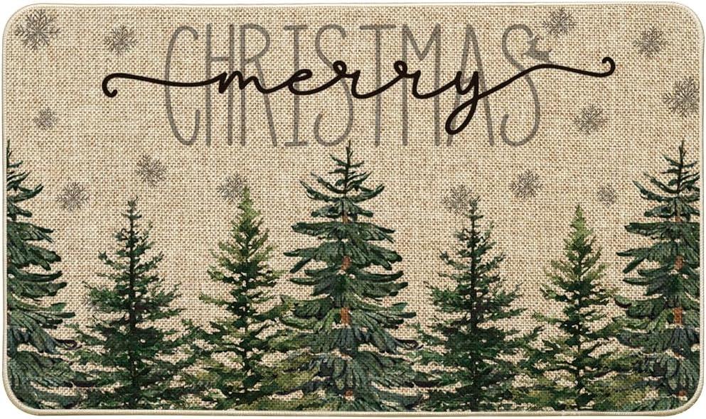 Artoid Mode Pine Trees Snowflakes Merry Christmas Welcome Decorative Doormat, Seasonal Winter Xmas Low-Profile Rug Switch Mat for Outdoor 17x29 Inch (Green)