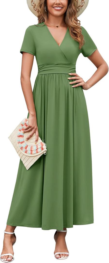 WEACZZY 2026 Summer Long Dresses for Women Wrap Empire Pleated Waist V Neck Short Sleeve Elegant Maxi Dress with Pockets (Small, 01 Dark Green)