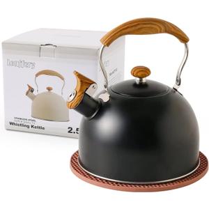 LONFFERY Tea Kettle for Stove Top, 2.5 Quart Whistling Tea Kettle, with Food Grade Stainless Steel and Wood Pattern Folding Handle, Black