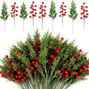Artificial Christmas Pine Branches with Red Berry Stems-Set of 45 Greenery Stems and 15 Berry Picks for Xmas Wreaths, Garlands, Table Centerpieces, DIY Holiday Crafts, Fireplace & Home Decoration