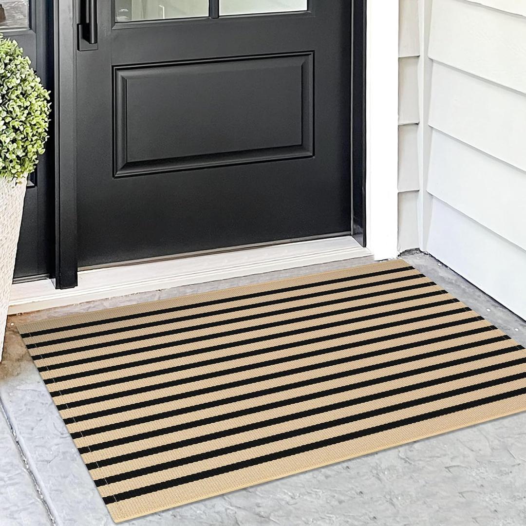 KOZYFLY Brown and Black Striped Porch Rug 2x3 Ft Small Area Rug Cotton Outdoor Doormat Front Door Rugs Washable Outdoor Rugs Farmhouse Layered Door Mat for Front Door Entryway Patio Porch