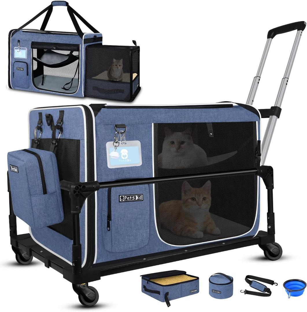 Petskd Side Expandable Extra Large Cat Carrier with Wheels and Litter Box for Long Distance Car Travel, 24"x17"x17" Collapsible Soft-Sided Pet Carrier with Zipper Locks for 2 Cats Under 55LBS(Blue)