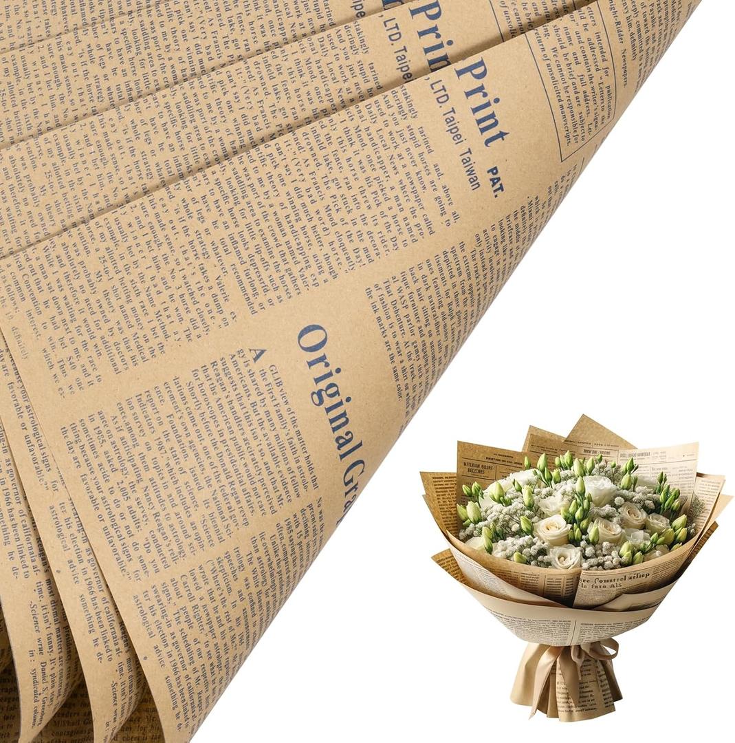 RUSPEPA 20 Sheets Kraft Newspaper Flower Wrapping Paper, Reversible Floral Bouquet Paper, Blue Font Kraft Newsprint Design for Birthday, Florist Supply, Wedding, Valentine's Day, Mother's Day and DIY