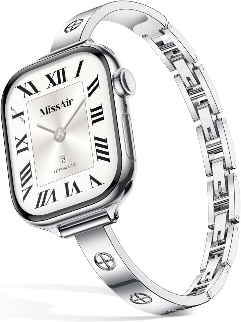 Missair Slim Bands Compatible with Apple Watch 38mm 40mm 41mm 42mm 44mm 45mm 46mm 49mm for Women, Thin Bracelet Dressy Designer Stainless Steel Metal Strap for iWatch Series 11 10 9 8 7 6 5 4 SE Ultra (Silver)