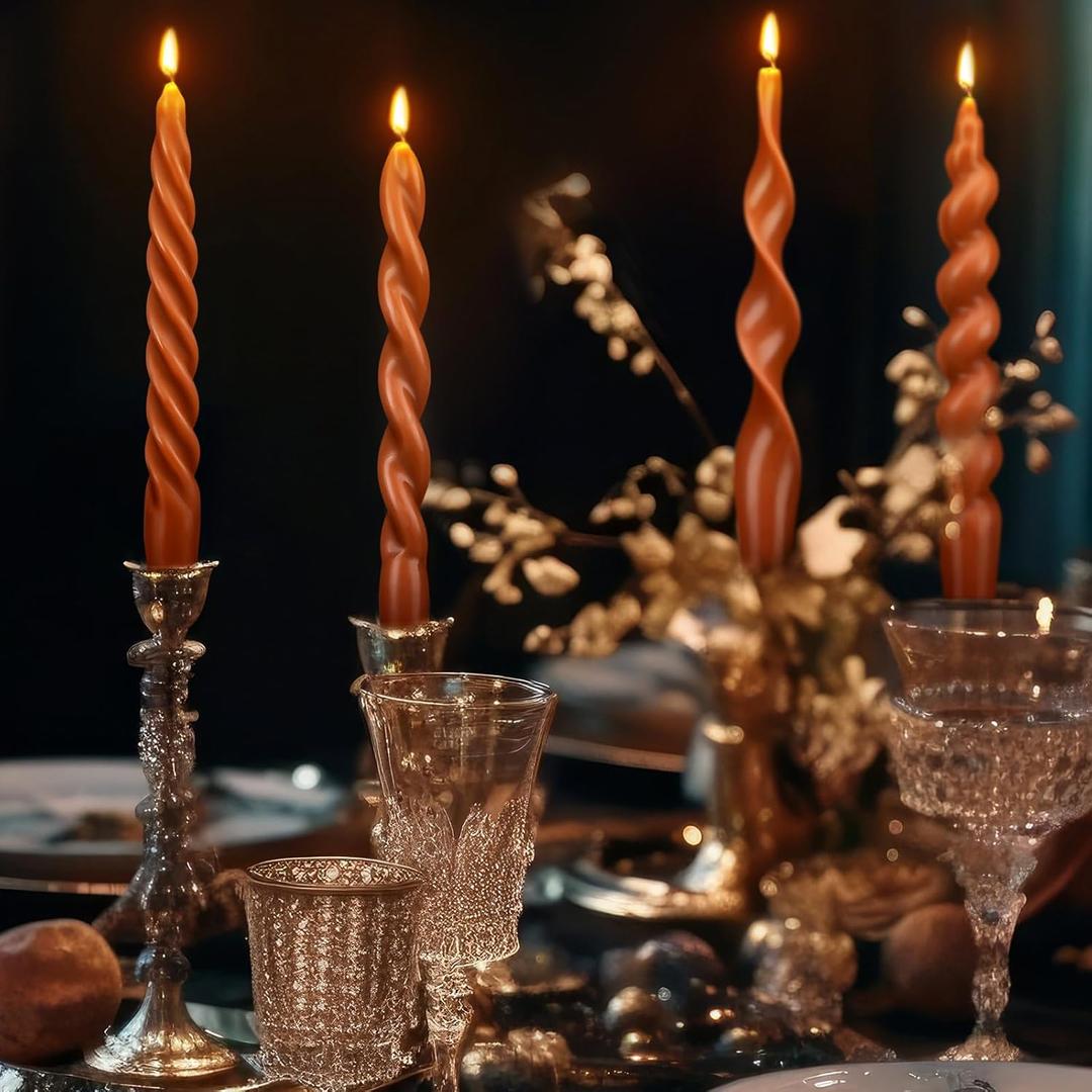 Nuanchu 4 Pcs 7.87 Inch Twisted Taper Candles Wax Unscented Smokeless Spiral Swirl Candlesticks for Wedding Holiday Dinner Party Home Decorations(Brown)