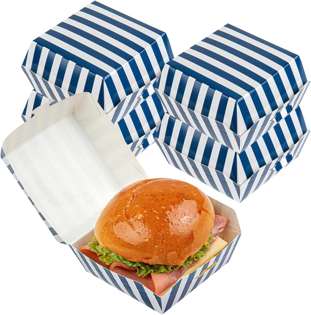 Restaurantware 2.8 x 2.8 x 2 Inch Mini Burger Boxes 100 Clamshell Food Containers - Hinged Lid Striped Blue And White Paper Take Out Boxes Serve Sliders Or Finger Foods