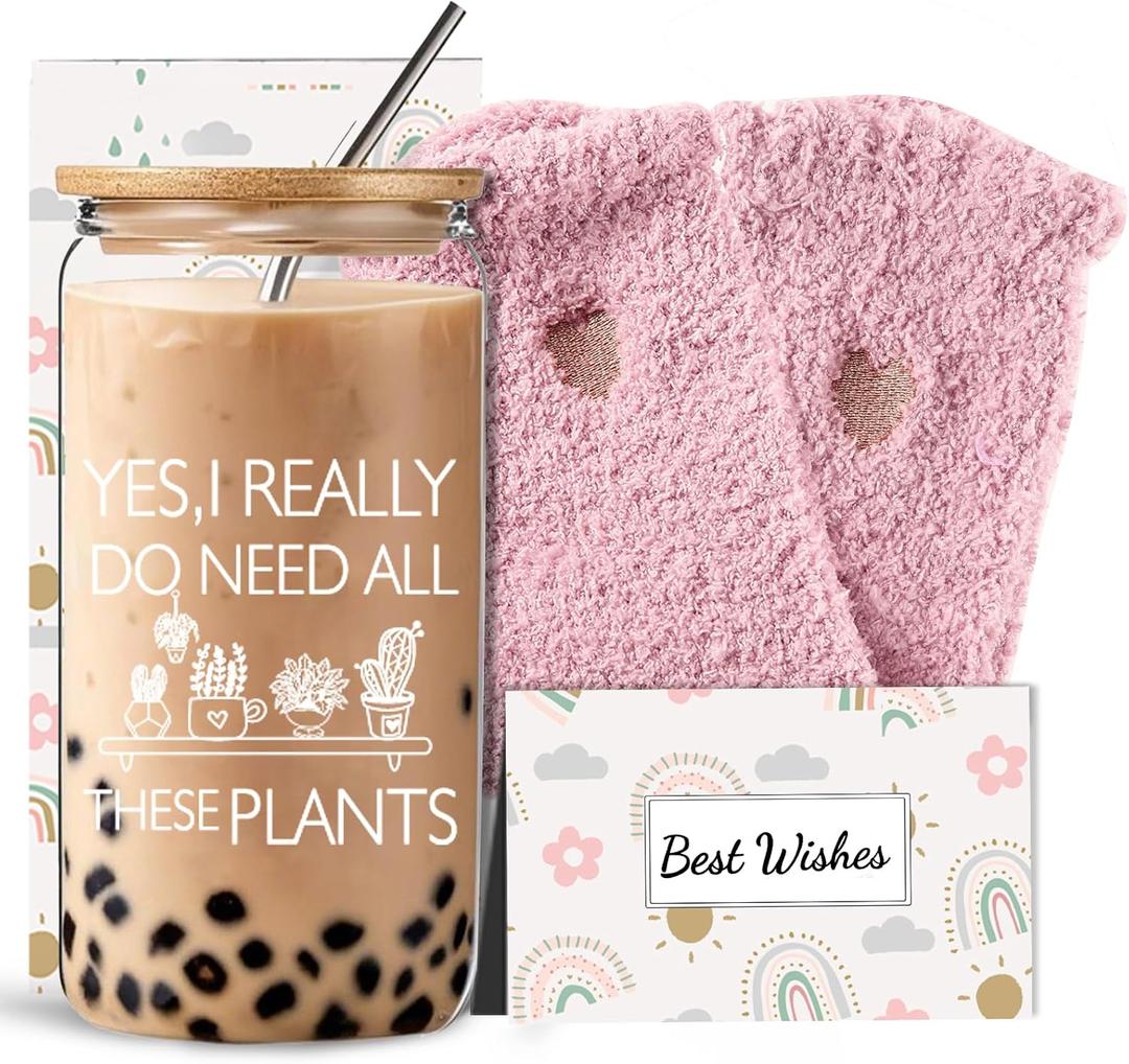 DHQH Gardening Gifts for Women, Cool Gifts for Plant Lovers, Plant Lady Gift Set With 16 Oz Glass Cup Makeup Bag, Birthday Mothers Day Gift for Mom Wife