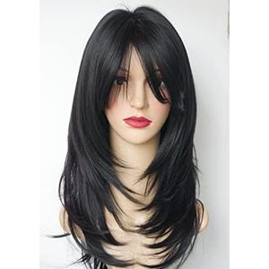 Black wig with bangs Layered Wigs for white Women black hair wig Synthetic Wigs Flow out Curl for White Women (Black)