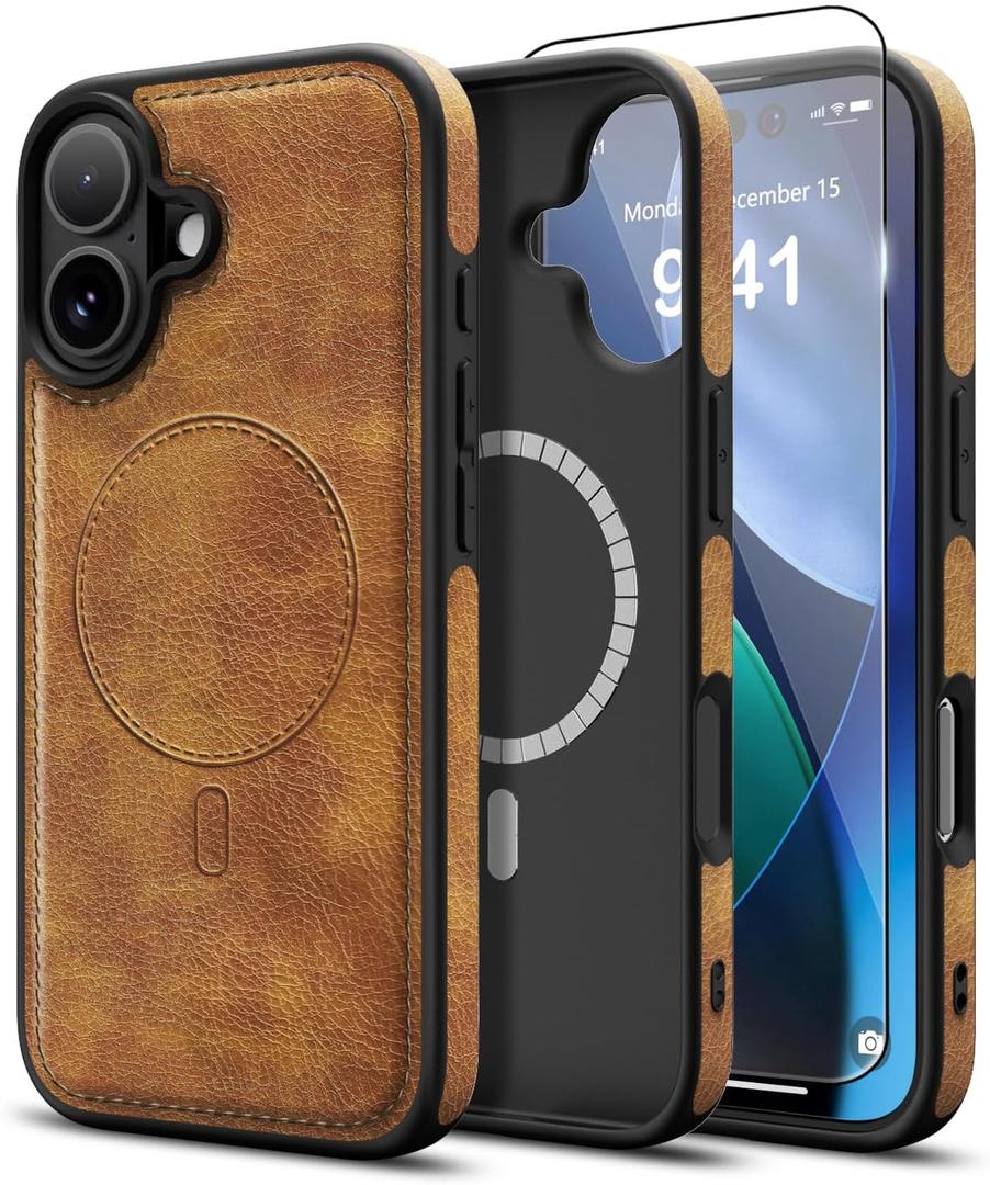 Magnetic for iPhone 17 Leather Case, [Compatible with Magsafe] Business Classic Style Shockproof Men WomenProtective Slim fit Phone Cover for iPhone 17Brown