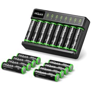 HiQuick 8-Bay Smart Battery Charger with 16 Pack 2800mAh AA Rechargeable Batteries, Universal Charger for AA/AAA Ni-MH Batteries