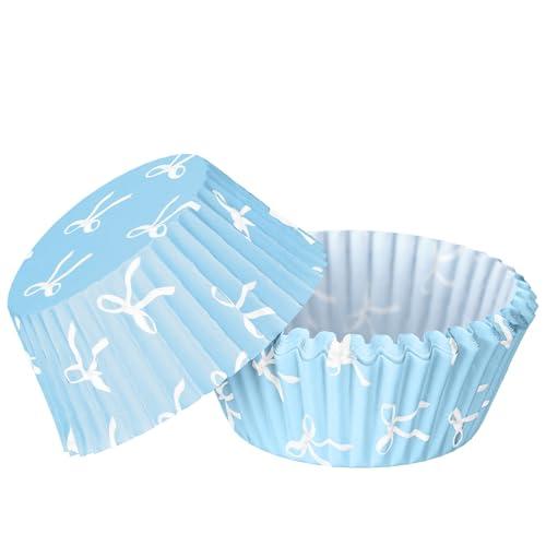 Tioncy 300 Pcs Blue Bow Cupcake Liners Cupcake Wrappers Baking Cups Baking Standard Liners Holders for Baby Shower Wedding Bachelorette Bridal Showers Birthday Party Decoration