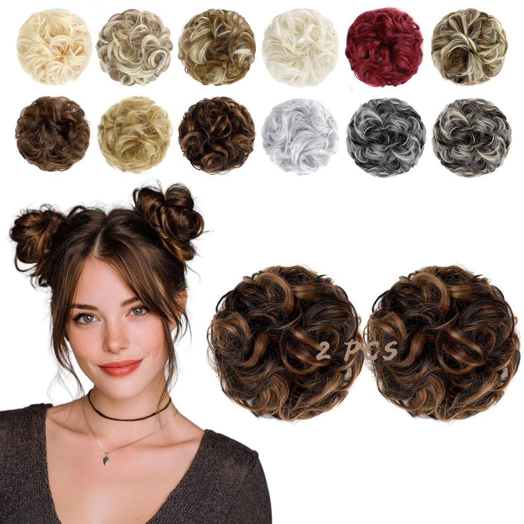 2 PCS Messy Bun Hair Piece Wavy Curly Hair Bun Scrunchies Extensions Synthetic Chignon Thick Updo Hairpieces for Women Girls(Dark Brown Mix Light Auburn)
