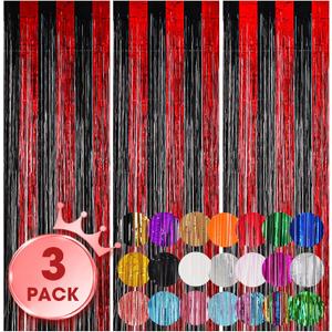 3 Pack 3.3x8.2 Feet Red and Black Foil Fringe Backdrop Curtains, Tinsel Streamers Birthday Party Decorations, Fringe Backdrop for Graduation, Casino, Red Carpet, Halloween Party