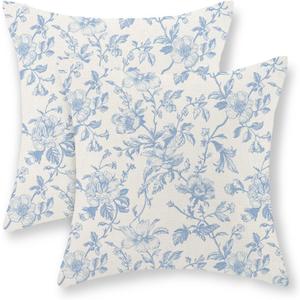 Baby Blue Floral Pillow Covers 24x24 Set of 2 Vintage Rustic Toile Chinoiserie Floral Throw Pillows Blue and Cream Flower Decorative Pillowcase Outdoor Decor Linen Cushion Case for Couch Sofa