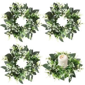 4 Pcs Eucalyptus Candle Ring 4 Inch Center Mini Kitchen Cabinet Wreaths Artificial Small Green Leaves Wreaths Garland Pillar Holder for Home Door Window Farmhouse Wedding Party Table Centerpiece Decor