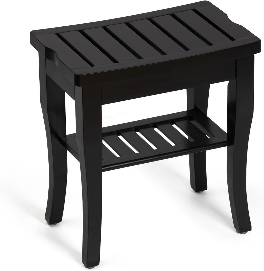 Bamboo Shower Bench, Spa Small Shower Stool for Inside Shower Waterproof, Bathroom Bench Seat with Storage Shelf for Adults Elderly Seniors, Wood Chair for Indoor or Outdoor Use, Black