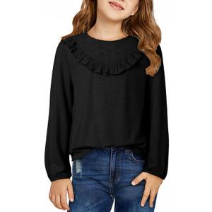 DOKOTOO KIDS Girls Cute Shirts Lace Embroidered Long Sleeve Tops 2025 Fall Fashion Knit Crewneck Blouses 6-13 Years (Black, L)