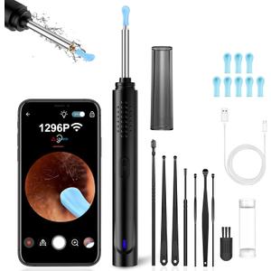 Ear Wax Removal, Ear Cleaner with Camera with 1296P, Earwax Removal kit with 9 Ear Pickand 8 Traditional Tools, Built-in WiFi lP67 Waterproof, Ear Cleaning Kit foriPhone, iPad, Android (Black)